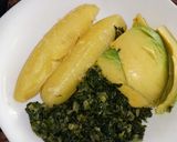 A picture of step 1 of BreakfasBoiledbananas spinach and avocado #favorite Easter dish.