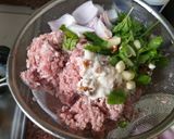 A picture of step 1 of Mutton kababs and parathas with curd chattny and salad.