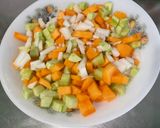 Une image de l'étape 8 de Salade composée de melon, tomates, concombre, oignon doux, feta et menthe.