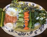 A picture of step 1 of California Farm Tempura Flowers, Blossoms, Sprouts & Salmon.