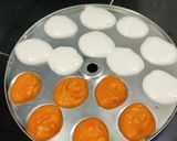 A picture of step 2 of Kutti idli in tri colour.
