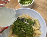 A picture of step 3 of Pesto pasta - with homemade pesto.
