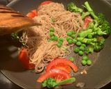A picture of step 7 of Stir fried noodle with cheesy Tamagoyaki and grilled soysauce avocado.
