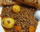 A picture of step 3 of Lentils (kamande) with rice.