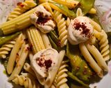 A picture of step 2 of Steamed baby corn and mange tout pasta salad.