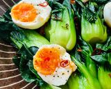A picture of step 2 of Bok Choy with jammy eggs.