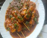 A picture of step 7 of Paneer satay stick restaurant style.