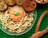 A picture of step 5 of Parmigiana with herbed spaghetti.