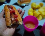 A picture of step 3 of Hotdog's in two ways and some fried potatoes.