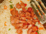 Vegetable stir fried rice with sausages