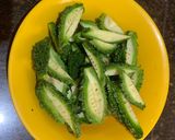 A picture of step 1 of Pyaj Karela fry (Onion and bitter gourd fry).