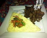 A picture of step 1 of Fried champ with mashed potatoes and vages.