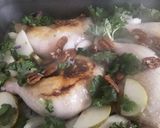 A picture of step 3 of Sig's chicken with kaletts, pears and rosti.