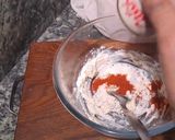 A picture of step 3 of Peri peri tandoori soya chap with curd dressing / dip.