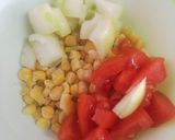 A picture of step 1 of 3 colour Corn Salsa.