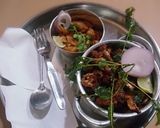 A picture of step 8 of Egg Biriyani, cauliflor chilli,potato fried with Badam Drink.