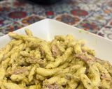 A picture of step 5 of Paccheri with Pistachio Pesto and Speck.