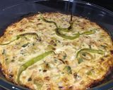 A picture of step 8 of Crustless Leek Quiche with blue cheese and chillies.