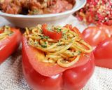 A picture of step 2 of Bell Pepper stuffed noodles.