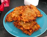 A picture of step 9 of Beef goulash with mushrooms served on potato pancakes.