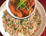 A picture of step 8 of Chilli Chicken with egg fried Rice.