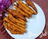 A picture of step 3 of Mirchi Bhajiye with Gongura Chutney.