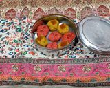 A picture of step 14 of Kaju ki burfi (cherries 🍒 and rose flavour) and laddoo (pan flavour).