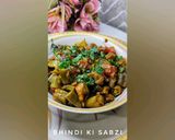 A picture of step 5 of Achari Bhindi Fry.