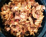 A picture of step 6 of My SlowCooked Peppered Beef mince & Smoked Sausage Pasta. 😀.
