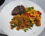 A picture of step 6 of Chilli Fillet, with corn salsa and bulgar wheat.