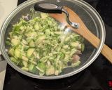 A picture of step 2 of Pasta alla vodka, with pork and sprouts.