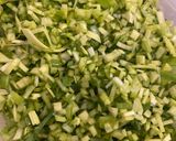 A picture of step 9 of Chicken Hearts Yakitori style (no skewer) Leek Green on top.