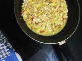 Macarrones con atún, huevo y tacos de jamón
