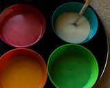 A picture of step 2 of # Rainbow 🌈 cakes# Rainbow contest# Day 4# 11/6/18Rice flour rainbow cakes.