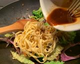 A picture of step 4 of Easy homemade stir fry honey and soy egg noodles with mushrooms.