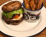A picture of step 8 of Venison burger in a portobello mushroom “bun” 🍔🍟.