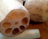 A picture of step 1 of Lotus Root Tempura Stuffed with Pork.