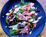 A picture of step 14 of Smoked duck/buckwheat/orange/pomegranate/houmous salad.