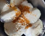 A picture of step 2 of Begun Bhaja aka Brinjal fritters.