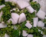 A picture of step 1 of Muli k patto ki sabji.