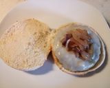 A picture of step 5 of Burger with scamorza, pancetta and caramelised onions.