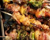 A picture of step 6 of BBQ, Sweet Chili, & Peach Bacon Wrapped Shrimp Kabobs.