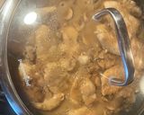 A picture of step 4 of Chicken Marsala: with mashed potatoes and garlic green beans.
