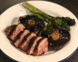 A picture of step 6 of Duck breast ‘yakitori’ with garlic mushrooms and tender stem broccoli.