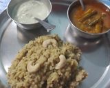 A picture of step 6 of Samai Pongal with narial chutney and Sambar.