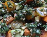 A picture of step 6 of 30 min veggie bowl w/ cilantro-garlic drizzle.