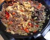 A picture of step 10 of Ground Beef with Button Mushrooms, Red Bell Peppers, and Indian Spices.