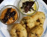 A picture of step 5 of Vada with nariyal &tomato onion chutney.
