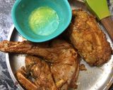 A picture of step 1 of Tandoori chicken in microwave and in a pan.
