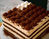 A picture of step 19 of Tiramisu, and Cocoa Sponge with plenty of Coffee Syrup.